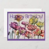 ピンクポピー水彩及びインク誕生日カード ポストカード (正面/裏面)