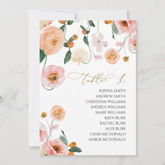 ピンクポピー結婚のテーブル番号1シーティングチャート 招待状 (裏面)