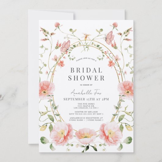 ピンクポピー蝶の水色ブライダルシャワー 招待状 (正面)