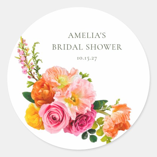 ピンクポピー鮮やかズフローラ開花ブライダルシャワー ラウンドシール (正面)