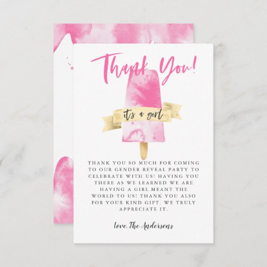 ピンクポプシクルガールジェンダーリビールパーティー サンキューカード (正面/裏面)