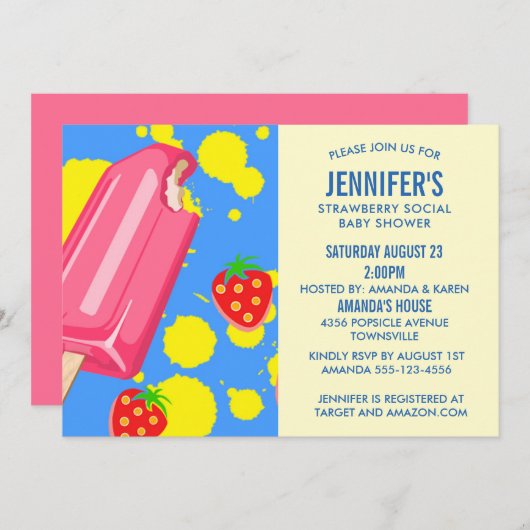 ピンクポプシクルストロベリーソーシャルベビーシャワー 招待状 (正面/裏面)