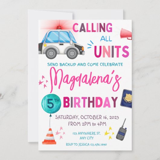 ピンクポリスガール誕生日パーティー 招待状 (正面)