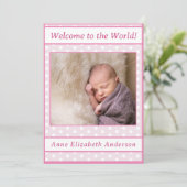 ピンクポルカドット赤ちゃん女の子の誕生のお知らせ 案内状 (スタンド正面)