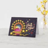 ピンクポンガルポットオンダークブルー カード (黄色い花)