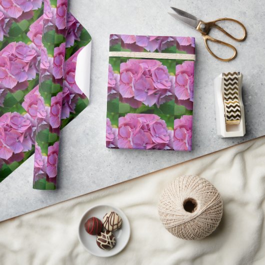 ピンクポンポムアジサイ・ホルテンシアフラワー ラッピングペーパー (クラフト)