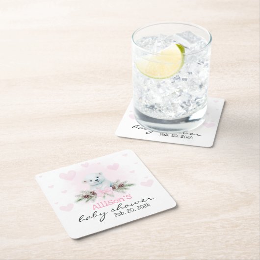 ピンクポーラーベアーキューガールハート冬季ベビーシャワー スクエアペーパーコースター (インサイチュ)
