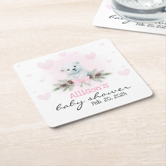 ピンクポーラーベアーキューガールハート冬季ベビーシャワー スクエアペーパーコースター (アングル)