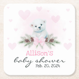 ピンクポーラーベアーキューガールハート冬季ベビーシャワー スクエアペーパーコースター