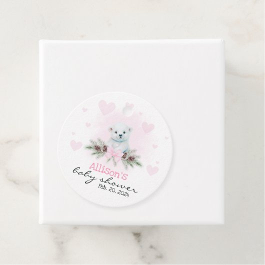 ピンクポーラーベアーキューガールハート冬季ベビーシャワー フェイバータグ (インサイチュ)