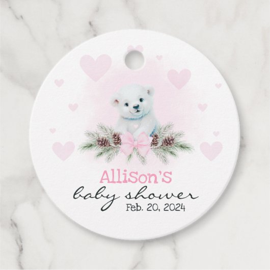 ピンクポーラーベアーキューガールハート冬季ベビーシャワー フェイバータグ (正面)