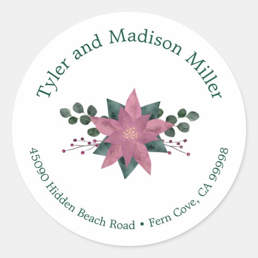 ピンクポ素朴インセッティア開花ホリデー封筒用シール ラウンドシール (正面)