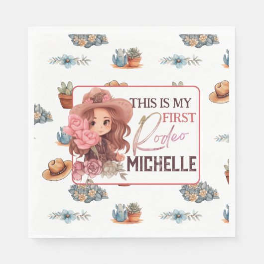 ピンクマイファーストロデオバースデーパーティー紙プレート スタンダードランチョンナプキン (正面)