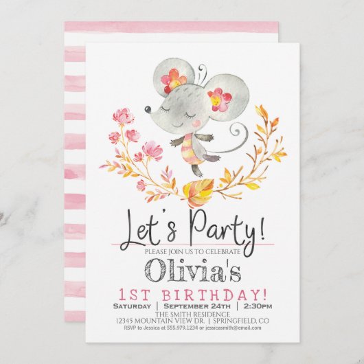 ピンクマウスガール誕生日パーティーへの招待 招待状 (正面/裏面)