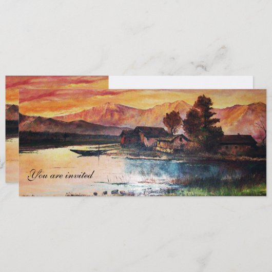 ピンクマウンテンズレイクアルパインサンセットランドスケープ 招待状 (正面/裏面)