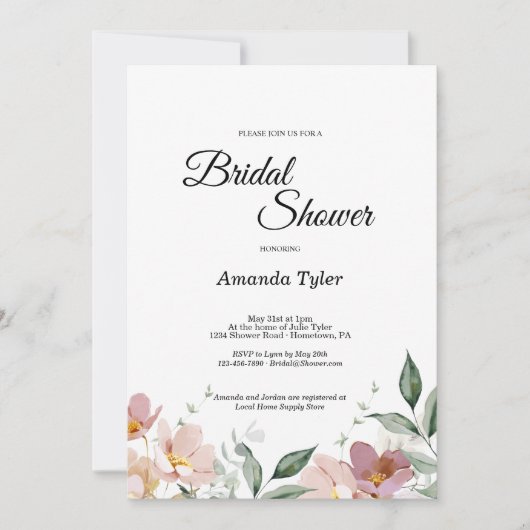 ピンクマウヴヴィンテージフローラブライダルシャワー 招待状 (正面)