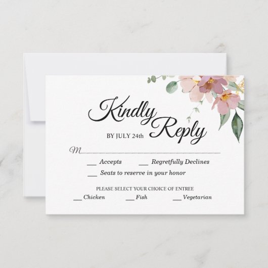 ピンクマウヴヴィンテージフローラ食事の選択結婚の 出欠カード (正面)