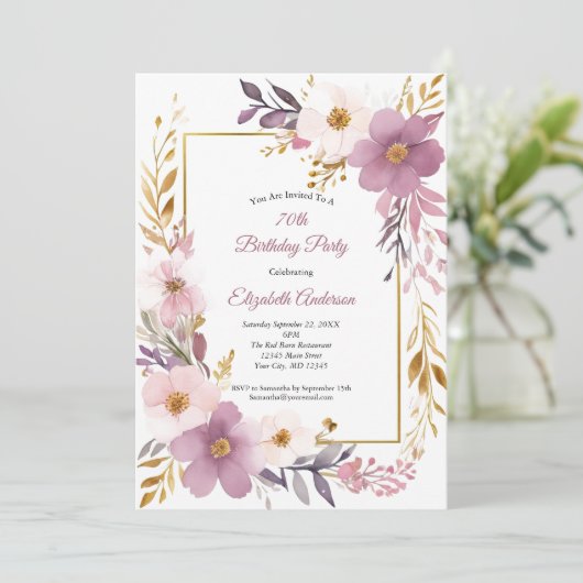 ピンクマウヴ金ゴールド水彩フローラ70誕生日 招待状 (スタンド正面)