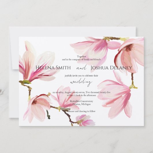 ピンクマグノリアウォーターカラー結婚式招待状 招待状 (正面)