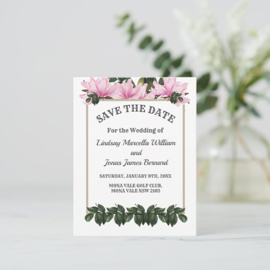 ピンクマグノリアグリーナリーフローラ保存日 招待状 (スタンド正面)