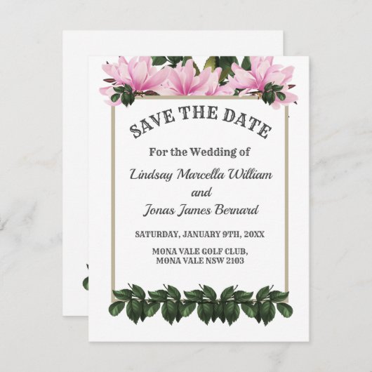 ピンクマグノリアグリーナリーフローラ保存日 招待状 (正面/裏面)