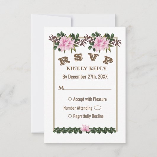 ピンクマグノリアグリーンリーフローラウェディングRSVPカード 招待状 (正面)