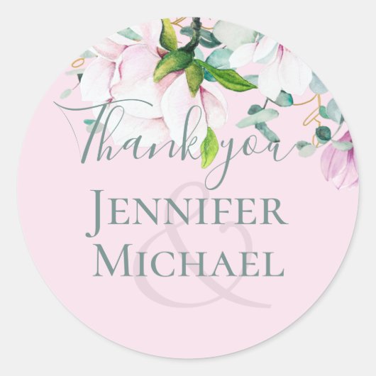 ピンクマグノリアス結婚セージEucalyptusありがとうC ラウンドシール (正面)