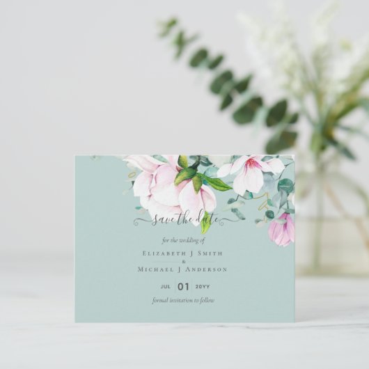 ピンクマグノリアス薄紫結婚ユーカリ救の日付 ポストカード (スタンド正面)