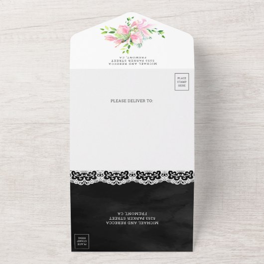 ピンクマグノリアフローラリースブラック結婚ズ オールインワン招待状 (外側)