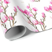 ピンクマグノリアフローラ水色エレガントヴィンテージ ラッピングペーパー (ロールコーナー)