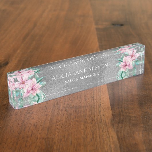 ピンクマグノリアブーケシルバーグリッターサロンマネージャー デスクネームプレート (側面)