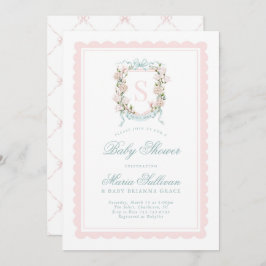 ピンクマグノリアモノグラムベビーイン開花 招待状