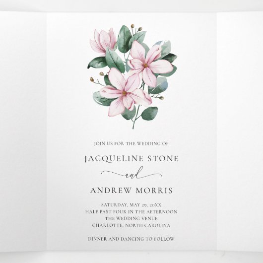 ピンクマグノリアユーカリプタスフローラ結婚写真 三つ折り招待状 (内部中)