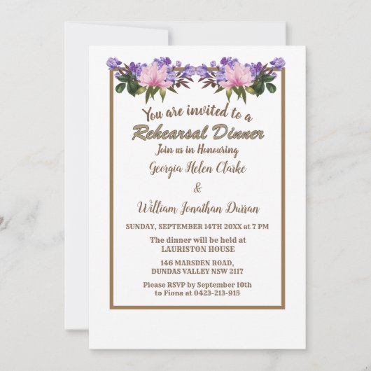 ピンクマグノリアラベンダー結婚のリハーサルディナー 招待状 (正面)