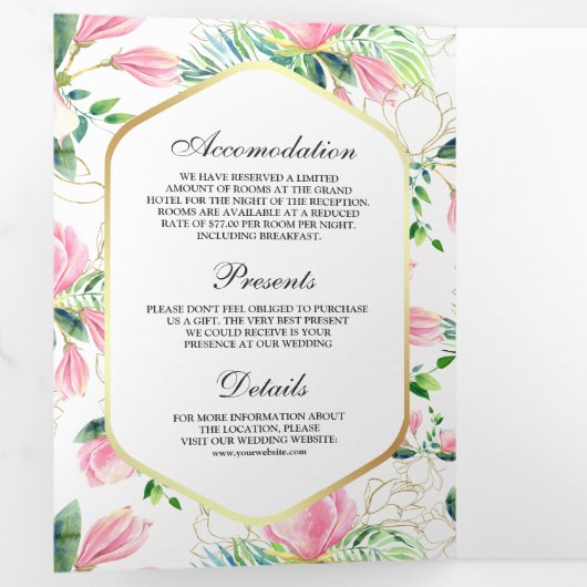 ピンクマグノリア春フローラオールインワン結婚ズ 三つ折り招待状 (内部最初)