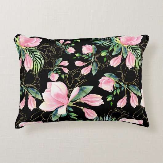 ピンクマグノリア水彩模様ブラック アクセントクッション (正面)