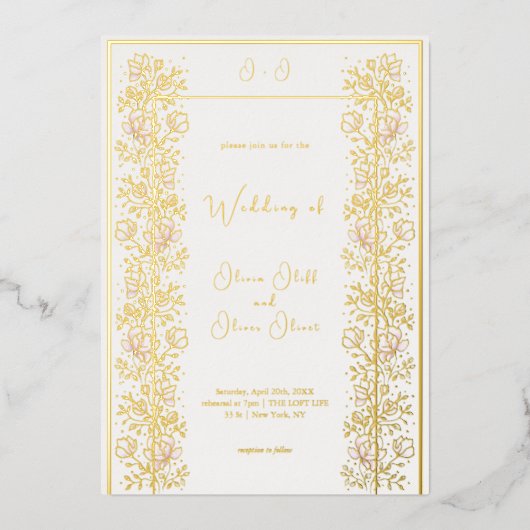 ピンクマグノリア結婚ス 箔招待状 (正面)