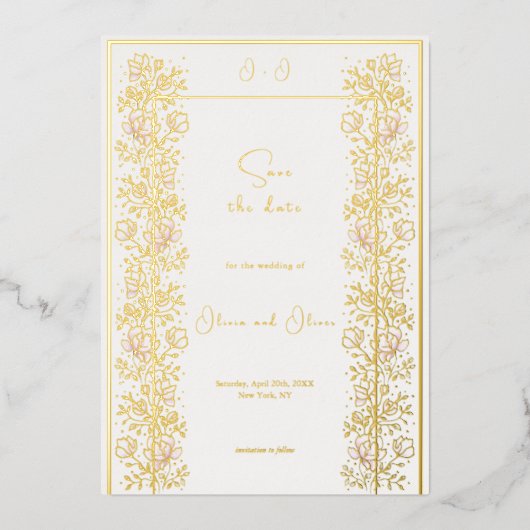 ピンクマグノリア結婚式の日付を保存 箔招待状 (正面)