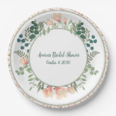 ピンクマグノリア花と緑のブライダルシャワー ペーパープレート (正面)