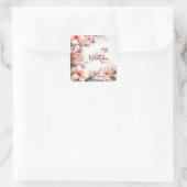 ピンクマグノリア花と鳥ハッピーバースデー スクエアシール (バッグ)