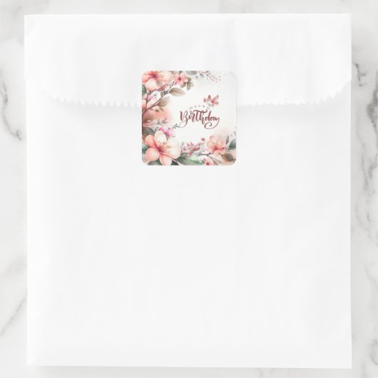 ピンクマグノリア花と鳥ハッピーバースデー スクエアシール (バッグ)