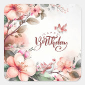 ピンクマグノリア花と鳥ハッピーバースデー スクエアシール (正面)