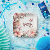 ピンクマグノリア花と鳥ハッピーバースデー ペーパープレート (パーティー)