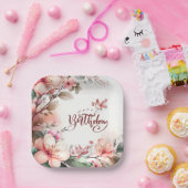 ピンクマグノリア花と鳥ハッピーバースデー ペーパープレート (パーティー)