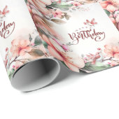 ピンクマグノリア花と鳥ハッピーバースデー ラッピングペーパー (ロールコーナー)