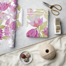 ピンクマグノリア花水彩画 ラッピングペーパー