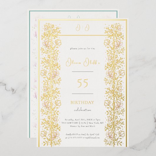 ピンクマグノリア誕生日任意の年齢 箔招待状 (正面/裏面)