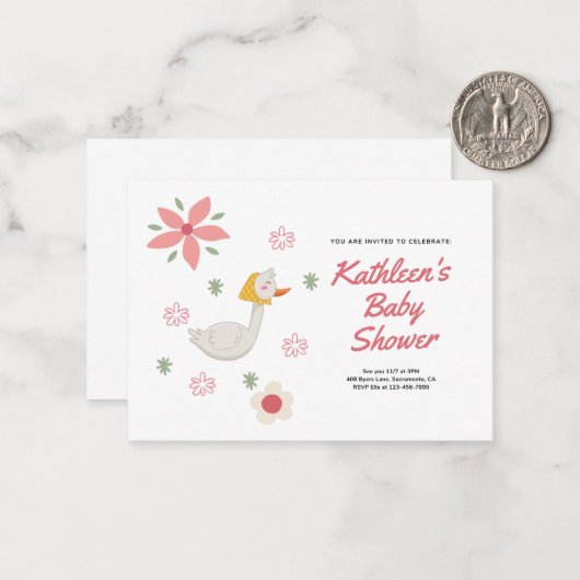 ピンクマザーグースベイビーシャワー招待状 ノートカード (正面/裏面インサイチュ)