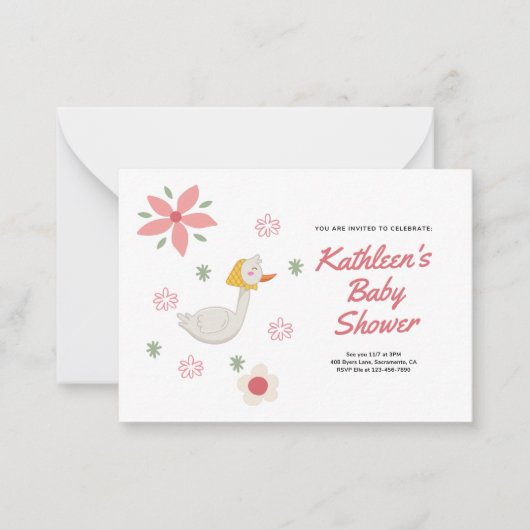 ピンクマザーグースベイビーシャワー招待状 ノートカード (正面)