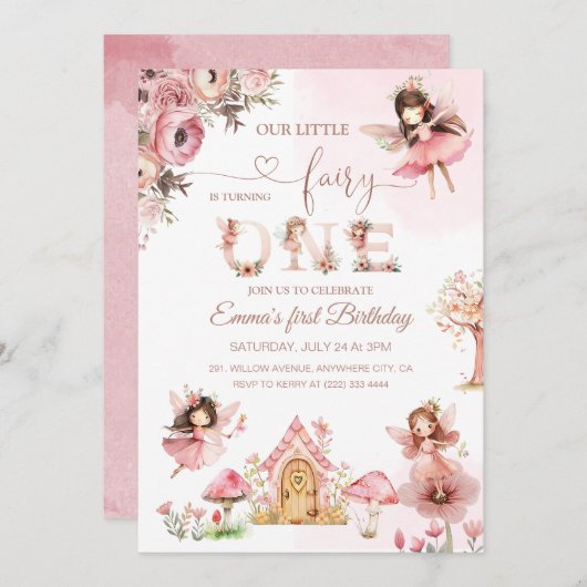 ピンクマジカルフェアリープリンセスファーストバースデーパーティー 招待状 (正面/裏面)